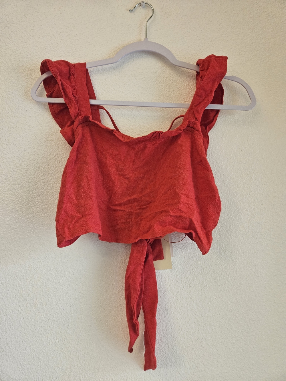 Monteau Red Tie-Front Ruffle Strap Crop Top Linen Blend